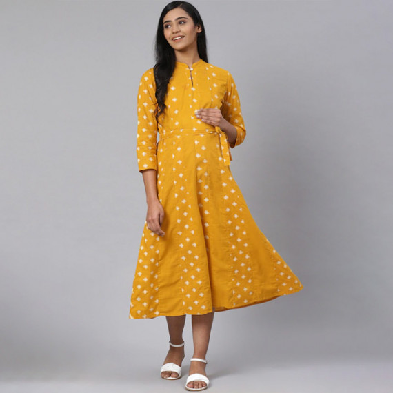 http://13.204.208.5/products/women-mustard-yellow-off-white-printed-pure-cotton-maternity-a-line-dress